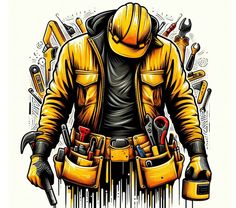 a drawing of a man wearing a yellow jacket and holding tools in his hands with paint dripping all over him