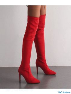 OrcaJump - Womens Over The Knee Boots Stiletto Heel Pointed Toe Daily Work PU Solid Colored Almond Black Red Red High Ankle Heeled Boots For Winter, Red High Heeled Boots For Winter, Red High Heel Winter Boots, Casual Red High Ankle Heeled Boots, Red Heeled Boots For Winter, Red Ankle Strap Heels For Fall, Red High Ankle Heels For Winter, Winter Heeled Boots With Red Sole And Pointed Toe, Red Knee-high Heeled Boots For Spring