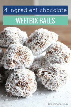 four ingredient chocolate weetbix balls stacked on top of each other with text overlay