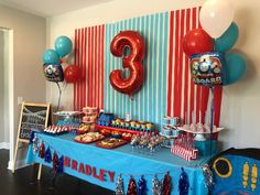 an image of a birthday party with balloons and desserts on the table in front of it