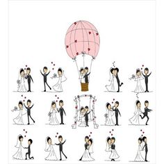 a drawing of a bride and groom in front of a hot air balloon with hearts on it