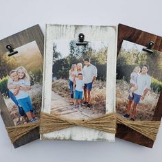 three pictures are hanging on twine with two people holding each other in front of them