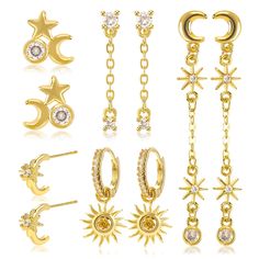 PRICES MAY VARY. ♥GOLD MOON STAR SUN EARRINGS SET♥The gold moon star sun earrings set showcases an enchanting design, blending classic elements like the moon, stars, and sun. The set includes a star and moon zircon stud, a pair of round zircon long tassel chain earrings, a pair of sun long tassel chain earrings, a pair of sun open hoop earrings, and a pair of sun pendant huggie hoop earrings. Whether worn individually or combined on the same ear, the sun earrings bring out a unique and distincti Sun Earrings, Star Stud Earrings, Sun Pendant, Open Hoop Earrings, Packing Jewelry, Gold Sun, Star Earrings Stud, Gold Moon, Zirconia Earrings