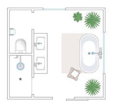 a floor plan for a bathroom with toilet, sink and bathtub in the center