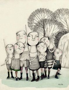 a drawing of several people standing next to each other