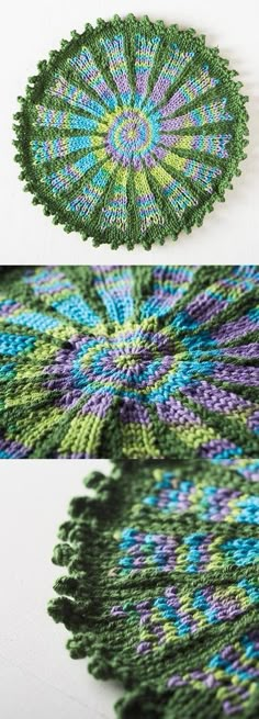 two pictures show the same pattern as one shows it's green, blue and purple yarn