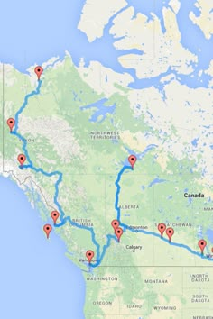 a map with several locations marked in red and blue, including the road to canada