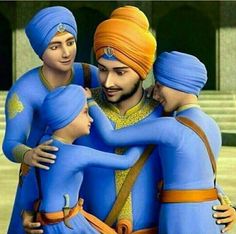 three men dressed in blue and orange are hugging each other while wearing turbans