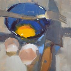 an abstract painting of a blue bowl and utensils