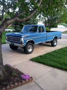 a blue pickup truck parked in front of a tree