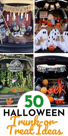 Best trunk or treat ideas for Halloween trick or treating featuring 4 images in collage pin. Trunk Or Treat Ideas For Van, Easy Trunk Or Treat Ideas, Easy Trunk Or Treat, Cars Party Ideas, Halloween Car Decorations, Trunker Treat Ideas, Trunk Or Treat Ideas, Best Themes, Halloween Themes Decorations