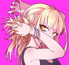 an anime character with blonde hair and blue eyes holding a pink object in her hand