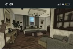 a virtual view of a bedroom with wood floors and furniture, including a bed, couch, coffee table, desk, tv