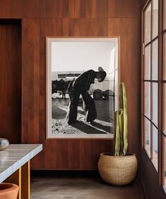 a man standing next to a cactus in front of a framed photo on a wall