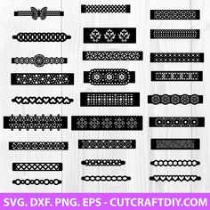 black and white lace trimmings on wood background with text that says svg dxf png, eps - cut