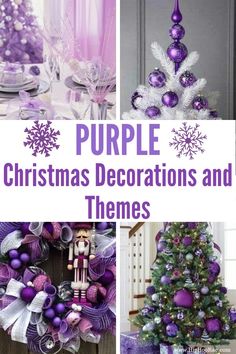 purple christmas decorations and themes are featured in this collage with the words, purple christmas decorations and themes