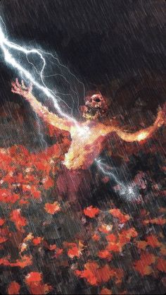 a man with his arms outstretched in the air surrounded by flowers, lightning and leaves