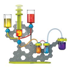 a science experiment is shown with beakles and flasks filled with liquid on a hexagonal structure