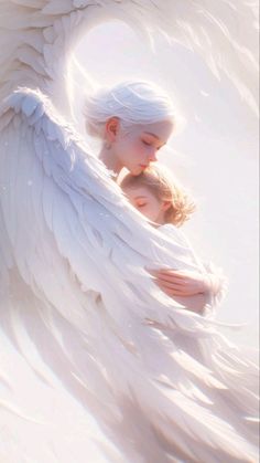 two white angels hugging each other with their wings spread