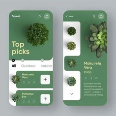 two mobile app screens with plants on the side and top picks in each one's buttons