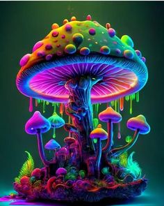 an image of colorful mushrooms and plants on a green background with drops of paint all over them