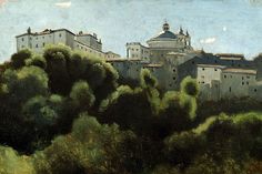 an oil painting of a city with trees and buildings on the hill side, in front of a blue sky