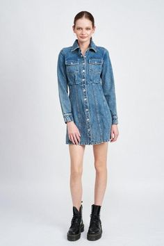 Make a statement in our shop favorite denim dress that will easily be your favorite this season. This light denim material provides a breathable and comfortable form to the jean dress, making it perfect for a summer's day or fall transitional piece when paired with knitted tights. Style this structured and modern denim dress with chunky boots or a pair of sambas for an outfit worth wearing more than once.Material: 100% Cotton.Machine Washable.Model Wears a US size 6.Size + FitXS: 31" (Bust) 24" Jean Dress Outfit, Short Blue Dress, Long Sleeve Denim Dress, Denim Dress Summer, Knit Tights, Parker Dress, Long Sleeve Denim Shirt, Jean Dress, Summer Denim