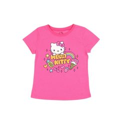 a pink hello kitty t - shirt with the words hello kitty and rainbows on it