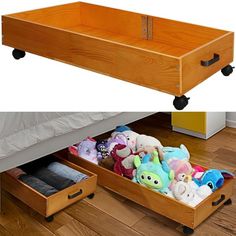 an open drawer with stuffed animals in it next to a wooden box filled with plush toys