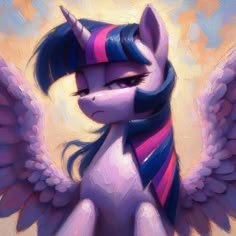 a painting of a pink and blue pony with wings