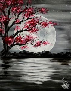 a painting of a tree with red flowers in front of a full moon over water