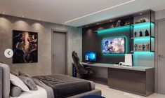 a bedroom with a bed, desk and television in it's centerpieces