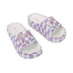 Slide into cuteness with these women's Hello Kitty & Friends single molded slide sandals featuring adorable images of Hello Kitty and My Melody ice cream cones on purple checkered backgrounds. Perfect for sizes 7.5-10, these officially licensed sandals bring a touch of whimsy to your summer style. Crafted with care from EVA materials, these slides offer both comfort and durability. Keep them looking their best with easy handwashing. Elevate your footwear collection with playful charm. Hello Kitty Flip Flops, Hello Kitty Platform Sandals, Pink Hello Kitty Crocs, Pink Crocs With Hello Kitty Charms, Sanrio Shoes Kids, Checker Background, Hello Kitty Images, Platform Slides, Hello Kitty My Melody