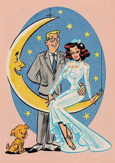 an illustration of a man and woman standing next to each other in front of the moon