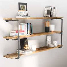 Office organizer shelves with pie shelves perfect for organizing books and office supplies. Wall Shelf Display, Office Shelf, Industrial Pipe Shelves, Shelf Board, Long Shelf, Nursery Shelves, Pipe Shelves, Wall Bookshelves, Industrial Shelving