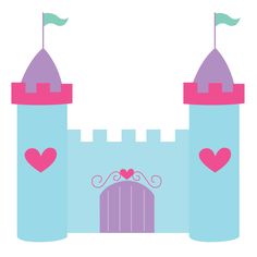 a pink and blue castle with hearts on the roof is against a white background,