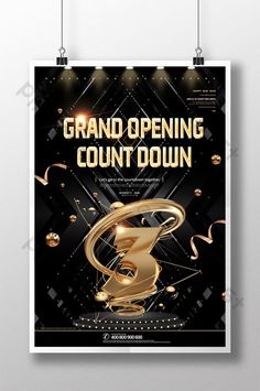 the grand opening event flyer is shown with gold and black decorations on a dark background