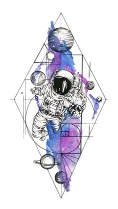 an astronaut floating in space surrounded by geometric shapes