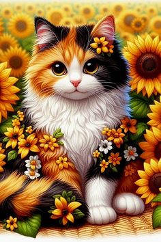 a painting of a cat surrounded by sunflowers