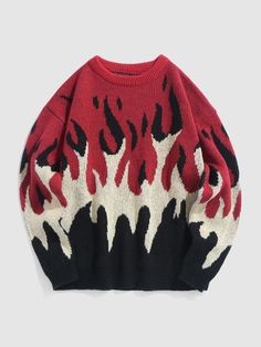 Flame Graphic, Aesthetic Sweaters, Graphic Y2k, Sweater Y2k, Best Boyfriend Gifts, Fire Flame, Graphic Sweaters, Long Sleeve Jumper, Oversized Knitted Sweaters