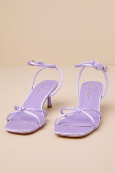 You'll be obsessed with finding all the cute ways to style the Lulus Hewett Lilac Satin Ankle Strap Low Heel Sandals this season! Sleek woven satin shapes a squared-toe bed and slender, knotted crisscrossing straps that create a peep-toe upper. Matching straps sprout from the sides to wrap and secure around the ankle with a shiny gold buckle, all atop a trendy spool heel. 2. 5" spool heel. Cushioned insole. Felted rubber sole has nonskid markings. Man made materials. Imported. Lulus | Hewett Lil Short Heels, Spool Heel, Low Heel Sandals, Sandal Heels, Heel Sandal, Spring Shoes, Ankle Straps, Heel Sandals, Low Heels