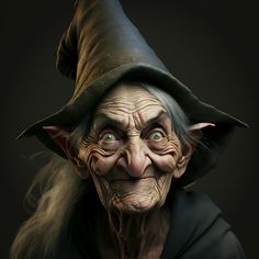 an old wizard with green eyes and long hair wearing a black hat is looking at the camera