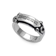 mechanical quote ring. for biker and steampunk fashion. made in japan.  WINNERS NEVER QUIT,QUITTERS NEVER WIN.  Material : sterling silver Height : 0.35 inch ± Thickness :  0.17 inch ±  Ring size 6.5,7,8,9,10,11,12 Ring size 13 ,14,15,16  Guarantee card, box, shop bag.  Our 925 silver products are nothing plated. If you don't care it regularly, it reacts with sulfur components in the air and discolors the surface. We recommend that you should use a silver polishing cloth. In stock or not, that's changes every day. we'll ship in a few business days, but if out of stock, it will take about 2-3 weeks before shipping. Vintage Silver Skull Ring For Biker Events, Black Biker Skull Ring Gift, Punk Stainless Steel Jewelry For Bikers, Biker Rings Mens John Patrick Jewellery, Industrial Ring, Steampunk Mode, Memento Mori Ring, Vintage Nickel-free Silver Skull Ring, Biker Accessories