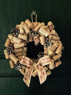 a wine cork wreath hanging on the front door