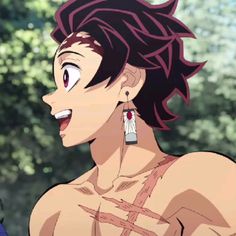 an anime character with red hair and big earrings