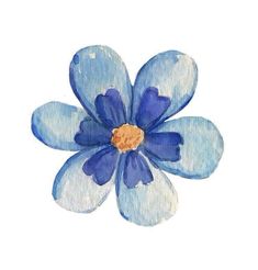 a watercolor painting of a blue flower with white petals and yellow center, on a white background