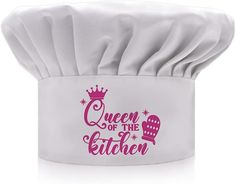 a chef's hat with the words queen of the kitchen printed in pink on it