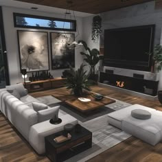 a modern living room with white furniture and wood flooring