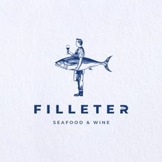 a man standing on top of a fish next to a glass of wine with the word filletter seafood and wine