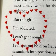 an open book with red hearts on it and the words, i can't get enough